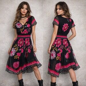 Blair Women Sz S Black Floral Print Dress Coquette Fairy Whimsy Goth Y2K